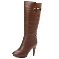 哈森HARSON冬季新款简约百搭头层牛皮高跟女长靴HA29093咖啡色37