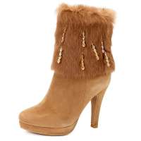 哈森HARSON秋冬新款时尚高跟短靴真皮兔毛女靴HA29078卡其色37