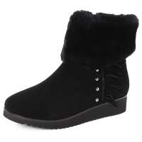 卡迪娜冬季新款迷你靴真皮兔毛女靴平跟雪地靴KA29972黑色34