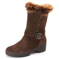 卡迪娜女靴兔毛真皮短靴民族风舒适雪地靴包邮KA29970深棕色39