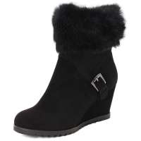 卡迪娜新款短靴坡跟女士靴子羊皮兔毛真皮迷你靴KA29975黑色38