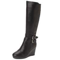 卡迪娜新款高筒皮靴坡跟真皮马丁靴流行女靴KA29981黑色37