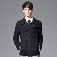 GXG 秋冬男士个性黑灰格修身双排扣短大衣时尚休闲#14106100 黑灰格(M)