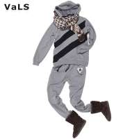 VaLS男装休闲连帽套头男士加绒保暖卫衣卫裤韩版运动套装040200010（灰色/XL）