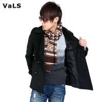 VaLS男装韩版个性左拉链呢子大衣时尚男士休闲风衣050300008(黑色/M)