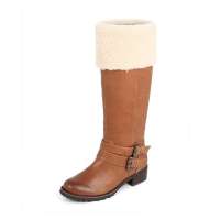 BELLE/百丽2012冬季棕色油蜡羊皮/米黄羊毛/棕黄PU女皮靴 3ZI73D棕色36