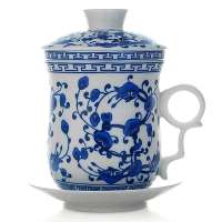 雅川礼瓷·青花瓷四件套茶杯 带茶漏 盖杯带碟(工艺礼品,家居装饰商务办公礼品)
