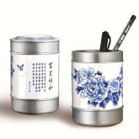 腾达 富贵祥和茶叶罐笔筒套装(腾达青花古锡)(工艺礼品,家居装饰商务办公礼品)