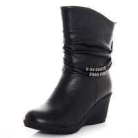 皮尔世绅新品头层牛皮金属串珠坡跟马丁靴短靴920406黑色38码