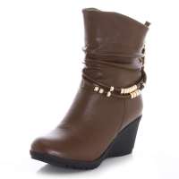 皮尔世绅新品头层牛皮金属串珠坡跟马丁靴短靴920406棕色35码