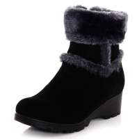 皮尔世绅新品侧拉链坡跟毛绒装饰短靴928805黑色36码