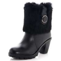 皮尔世绅新品华丽兔毛头层牛皮粗高跟皮草靴A929053黑色37码