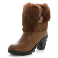 皮尔世绅新品华丽兔毛头层牛皮粗高跟皮草靴A929053红棕35码