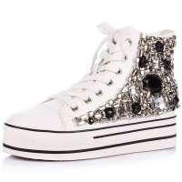 Alcazar阿卡莎新款水钻饰松糕跟鞋高帮鞋厚底平跟板鞋女鞋TB5508-2 黑色38