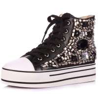 Alcazar阿卡莎新款水钻饰松糕跟鞋高帮鞋厚底平跟板鞋女鞋TB5508-2 白色38