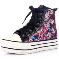 Alcazar阿卡莎新款亮片厚底松糕跟休闲板鞋高帮鞋平跟女鞋TB2602-09 黑色36