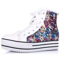 Alcazar阿卡莎新款亮片厚底松糕跟休闲板鞋高帮鞋平跟女鞋TB2602-09 白色37