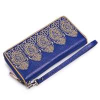 NUCELLE纽芝兰锈色蕾丝系列女士牛皮长款钱包 070065深蓝