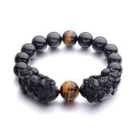 BOFIEER宝菲尔天然黑曜石双貔貅天生一对男女通用款守护手链-12mm(附珠宝鉴定证书)ES0092