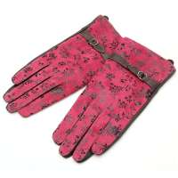 PANDARA时尚烫花女款加绒羊皮PGLV03100%羊皮分指手套  玫红