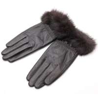 PANDARA深棕色兔毛女款羊皮PGLV09100%羊皮分指手套  深棕色