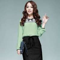 唐狮 女式 女蕾丝织带长袖衬衫613121015411(石绿L)