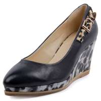 四季风2013春夏 打蜡牛皮豹纹金属扣件坡跟尖头浅口 单鞋 2A817 黑色 35