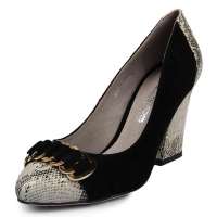 四季风2013春季新款 丝光羊猄拼接蛇纹皮金属扣件浅口高跟 女单鞋 2A840 黑色 34