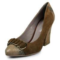 四季风2013春季新款 丝光羊猄拼接蛇纹皮金属扣件浅口高跟 女单鞋 2A840 驼色 35