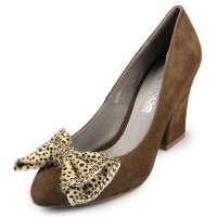 四季风2013春新 丝光羊猄豹纹蝴蝶结高粗跟防水台浅口单鞋 2A868 驼色 36