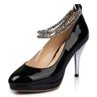 四季风2013春季新款 进口牛漆水晶串珠装饰浅口细高跟 女单鞋 2A903 黑色 34
