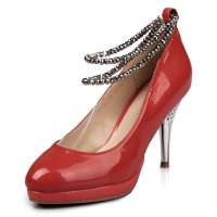 四季风2013春季新款 进口牛漆水晶串珠装饰浅口细高跟 女单鞋 2A903 红色 38