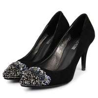 四季风2013春季新款 丝光羊猄尖头水钻花朵浅口细高跟 女单鞋 2A960 黑色 38