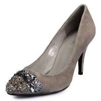 四季风2013春季新款 丝光羊猄尖头水钻花朵浅口细高跟 女单鞋 2A960 灰色 36
