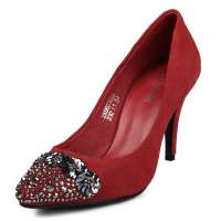 四季风2013春季新款 丝光羊猄尖头水钻花朵浅口细高跟 女单鞋 2A960 红色 38