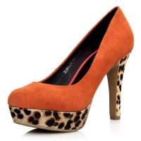 四季风 2013新款丝光羊猄豹纹马毛超高跟防水台圆头单鞋女2L051 橙 36