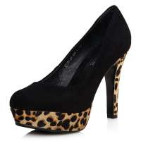 四季风 2013新款丝光羊猄豹纹马毛超高跟防水台圆头单鞋女2L051 黑色 37