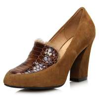 四季风2013早秋新品丝光羊猄拼接蛇纹漆皮兔毛欧美粗高跟浅口 单鞋 2L067 啡色 37