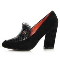 四季风2013早秋新品丝光羊猄拼接蛇纹漆皮兔毛欧美粗高跟浅口 单鞋 2L067 黑色 38