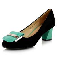 四季风2013秋冬新品丝光羊猄金属蝴蝶结装饰粗跟浅口 单鞋 2L173 绿 36