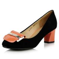 四季风2013秋冬新品丝光羊猄金属蝴蝶结装饰粗跟浅口 单鞋 2L173 橙 34