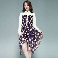 唐狮 女式 女拼接不规则下摆连衣裙613122104415(藏青S)