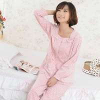 金丰田春秋季波点对开女士长袖睡衣家居服套装暗粉(M)1807