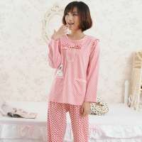 金丰田春秋波点蝴蝶结女士长袖睡衣家居服套装亮粉(XL)1808