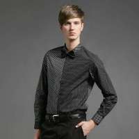 gxg1978 男士时尚波点拼接休闲长袖衬衫#11603186（黑底白点/M）