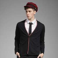 gxg1978 时尚休闲织带相拼长袖针织开衫#11601010(黑色/M)