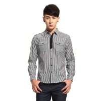 唐狮 男式 男条纹长袖衬衫112111015003(黑色XL)