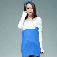 唐狮 女式  女撞色拼接长袖T恤613121023001(靛蓝S)
