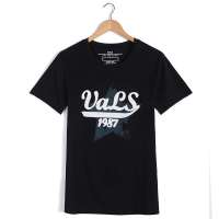 VaLS 男装复古手摇花字母个性印花圆领短袖T恤010300020(黑色/M)