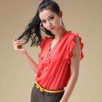 伊甸基因女新款简约时尚气质木耳边无袖V领雪纺上衣EA120021红色均码